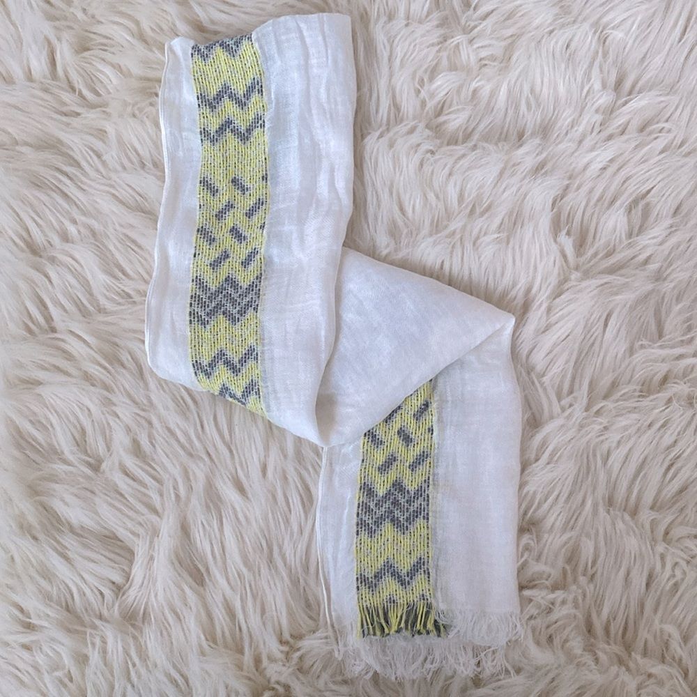 Gerard Darel Yellow & Gray Pattern Linen Blend Scarf France Made Minimal Boho